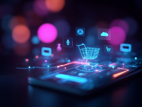 Close-up of a smartphone with glowing shopping cart icon and various other icons, concept for online shopping, ecommerce and digital marketplace