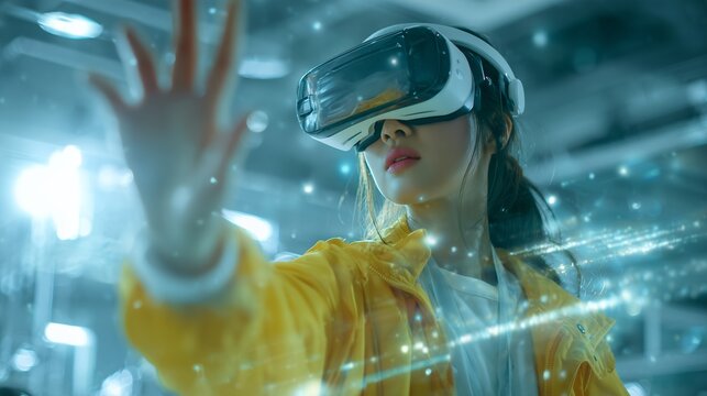 Asian IT Director interacts with virtual reality interface wearing VR headset. Concept for metaverse, simulation and digital workspace