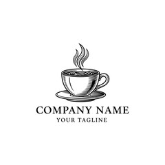 Vintage Engraved Steaming Coffee Cup Logo Design.