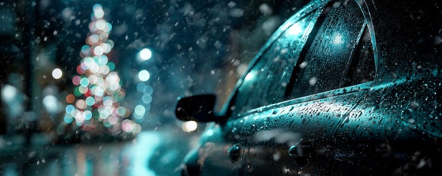 Snowy night scene with car and blurred Christmas tree lights background, concept for festive season, winter holiday and urban lifestyle