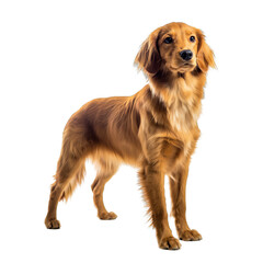 A Golden Retriever Dog Standing Tall and Alert with a Soft Brown Coat and Expressive Eyes Isolated on a Black Background Captured in Professional Studio Lighting