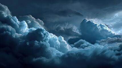 Dramatic Cloudscape with Illuminated Edges and Textured Forms Against Dark Sky