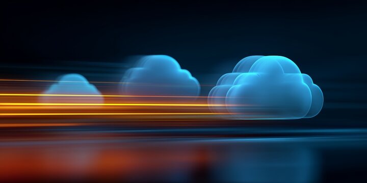 Illustration of cloud computing with glowing light trails on a dark blue background. Concept for cloud solutions, data transmission and technology innovation
