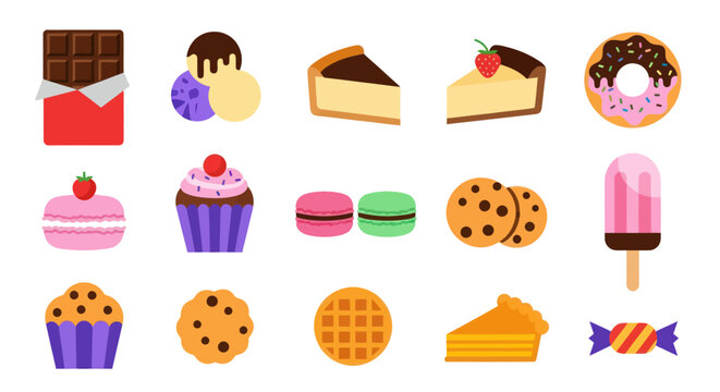 Assortment of colorful sweets and desserts in flat vector style