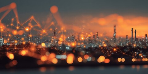 Abstract orange network over blurred industrial cityscape at dusk skyline, concept for technology infrastructure, energy industry and future communications
