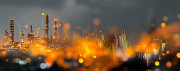 Panoramic view of a brightly lit oil refinery with financial chart overlays at twilight, concept for energy investment strategies, stock market analysis and industrial growth forecast