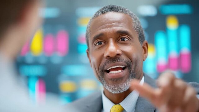 Strategic Discourse: A poised businessman, radiating confidence, engages in a compelling discussion, highlighting financial analysis.
