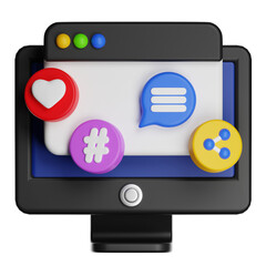 Social media marketing interaction with computer monitor 3d rendering