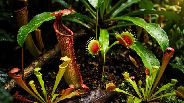 Carnivorous Plants Displaying Pitchers and Venus Flytraps in Nature