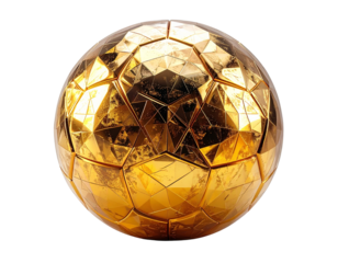 Golden Futuristic Soccer Ball with Faceted Surfaces, High-End Sports Concept, White Background
