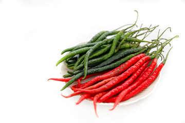 Fresh Red and Green Chili Peppers on White Plate – Mixed Hot Peppers, Organic Spicy Ingredients, Asian Cuisine Food Photography, Clean Minimalist Background