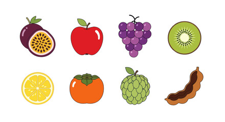 Assortment of fresh fruits apple grapes kiwi lemon and more on white