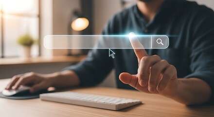 Online search concept with finger touching virtual search bar for information, data, and solutions for business, education, or personal needs