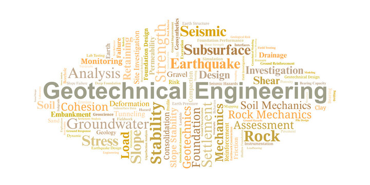 Geotechnical Engineering Word Cloud. Key concepts in soil mechanics, rock behavior, foundations, slope stability, and subsurface analysis for engineering and scientific applications.