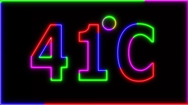 Neon 41&deg;C temperature display showing on black background. Weather temperature displays by degree, climate change, Scientific designs.