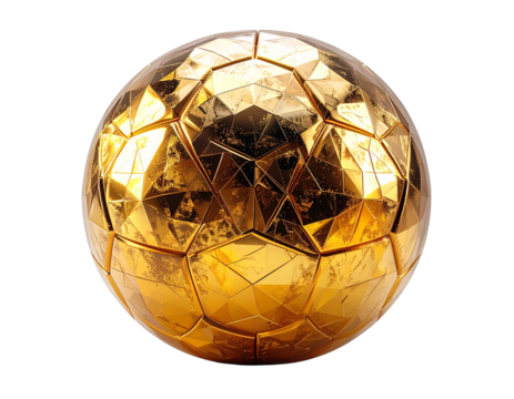 Golden Futuristic Soccer Ball with Faceted Surfaces, High-End Sports Concept, White Background