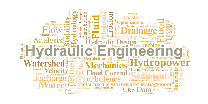 Hydraulic Engineering Word Cloud. Essential Concepts in Water Systems and Fluid Design