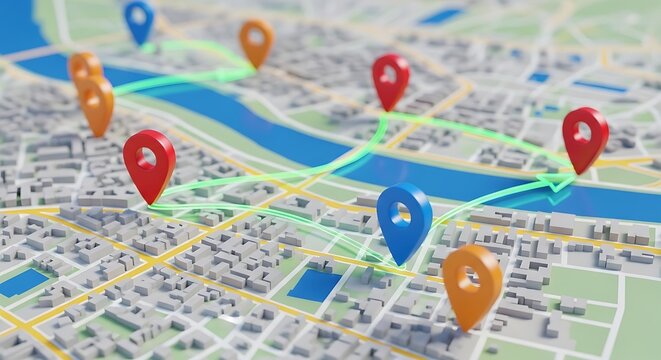 Navigate your city with ease using this visual map with bright pointers, perfect for travel guides, urban planning, or location-based marketing campaigns