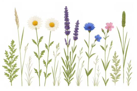 Wildflowers set realistic digital painting creating a vibrant summer meadow floral arrangement on transparent background