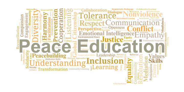 Peace Education Word Cloud. Key themes on nonviolence, empathy, global citizenship, and transformative learning used to promote harmony, understanding, and peaceful coexistence.