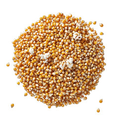 A Pile of Raw Popcorn Kernels Scattered on a Transparent Background With a Few Popped Kernels Mixed In
