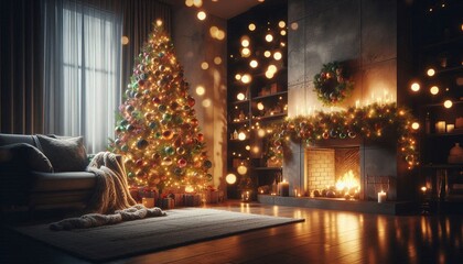 Experience the cozy magic of Christmas with a beautifully decorated tree and a warm, inviting fireplace in a rustic chic living room this holiday season