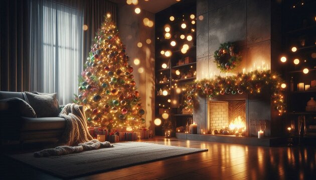 Experience the cozy magic of Christmas with a beautifully decorated tree and a warm, inviting fireplace in a rustic chic living room this holiday season
