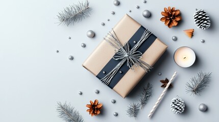 A flat lay arrangement of Christmas-themed decorations including a gift box, pine cones, silver baubles, and a lit candle.