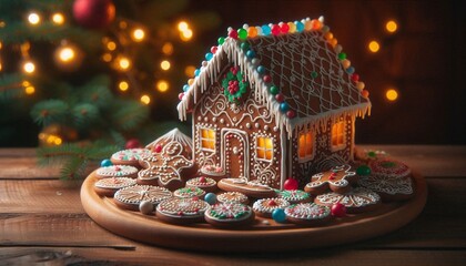 Festive gingerbread house glowing warmly with decorative cookies on a wooden board creating a magical holiday scene for family baking traditions