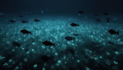 School of Fish Swimming in Bioluminescent Ocean Waters.