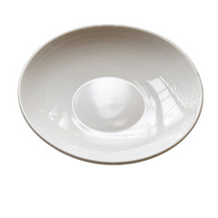 A pristine white ceramic pasta bowl with subtle concentric circular texture and a glossy reflective interior sits isolated on a transparent background showcasing its clean design and elegant form