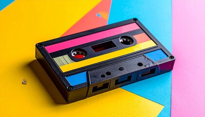 Retro Audio Cassette Tape on Vibrant Colorful Background.