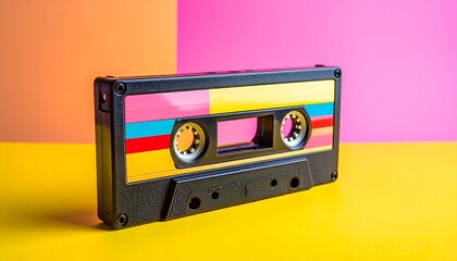 Retro audio cassette tape with colorful label on a vibrant yellow, orange, and pink background, evoking 80s and 90s nostalgia.