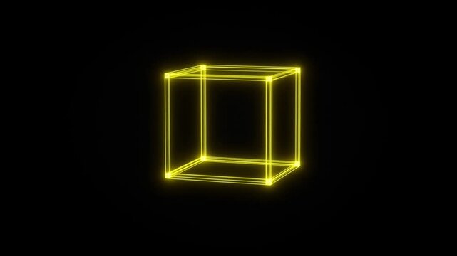 Explore the transformation of a wireframe cube through vibrant geometric animations in a dark setting