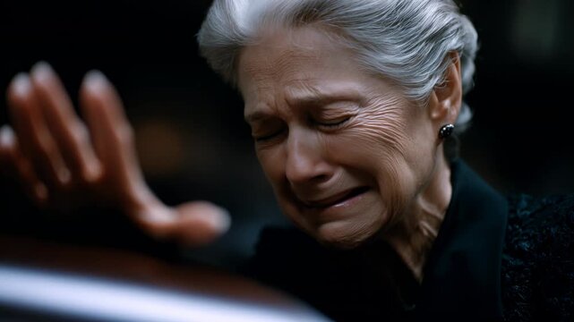 Senior widow sits in a dimly lit room next to a coffin, overcome with emotion. Tears stream down the elderly woman's face as she recalls touching moments