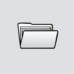 Black outline illustration of an open file folder with several sheets of paper inside on a light gray background