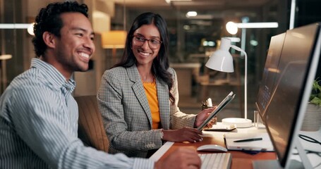 Computer, team and happy business people with discussion for trading, finance or point at night. Monitor, planning and traders in office for investment meeting, stock market or profit on overtime - Powered by Adobe