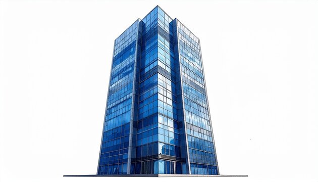 Modern high-rise building with reflective blue glass panels viewed from low angle against sky