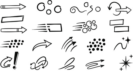 Hand drawn set of velocity arrows rectangular highlights circles dots swirls and dynamic movement trace lines.