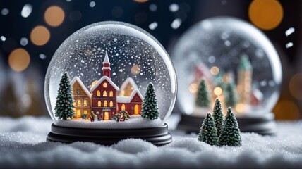Enchanting winter village snow globe with cozy homes and festive lights creates a magical holiday scene, perfect for Christmas promotions and seasonal greetings