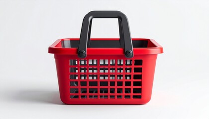 Fototapeta premium Red plastic shopping basket with black upright handles and grid sides on neutral background