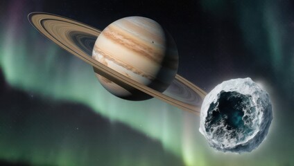 Saturn and its moon with aurora borealis in the background.