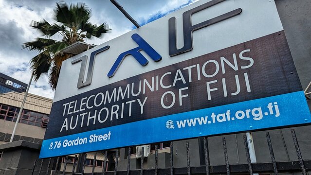 TAF Telecommunications Authority of Fiji sign in capital city Suva on Viti Levu island in Fiji, South Pacific - taken on 18 Nov 2025