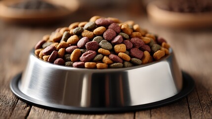 A stainless steel bowl overflowing with colorful dry dog food on a rustic wooden surface, showcasing pet nutrition and balanced diet for canine health