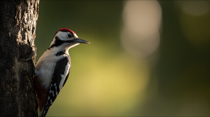 woodpecker. Woodpecker perched on tree trunk captured mid-peck in morning forest light. wildlife magazines, conservation campaigns, designed for eco-tourism storytelling.