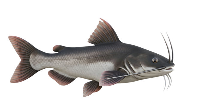 Freshwater catfish with distinctive barbels, fins, and grey body