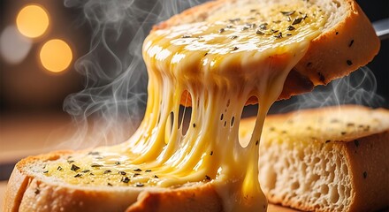 Hot cheesy garlic bread slice being lifted with cheese pull