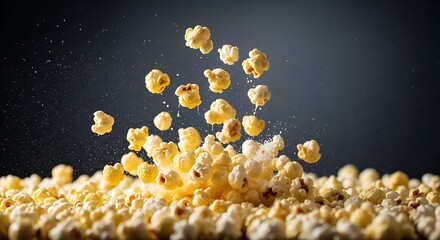 Popcorn kernels exploding and flying in dark studio