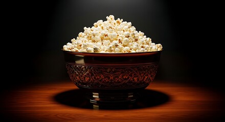 Bowl of fresh popcorn illuminated against dark background
