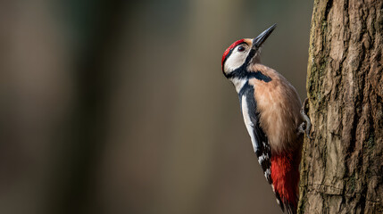 woodpecker. Woodpecker perched on tree trunk captured mid-peck in morning forest light. wildlife magazines, conservation campaigns, designed for eco-tourism storytelling.